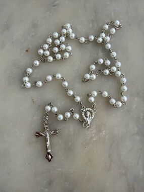 Mini Pearl Rosary Necklace with Silver Crucifix